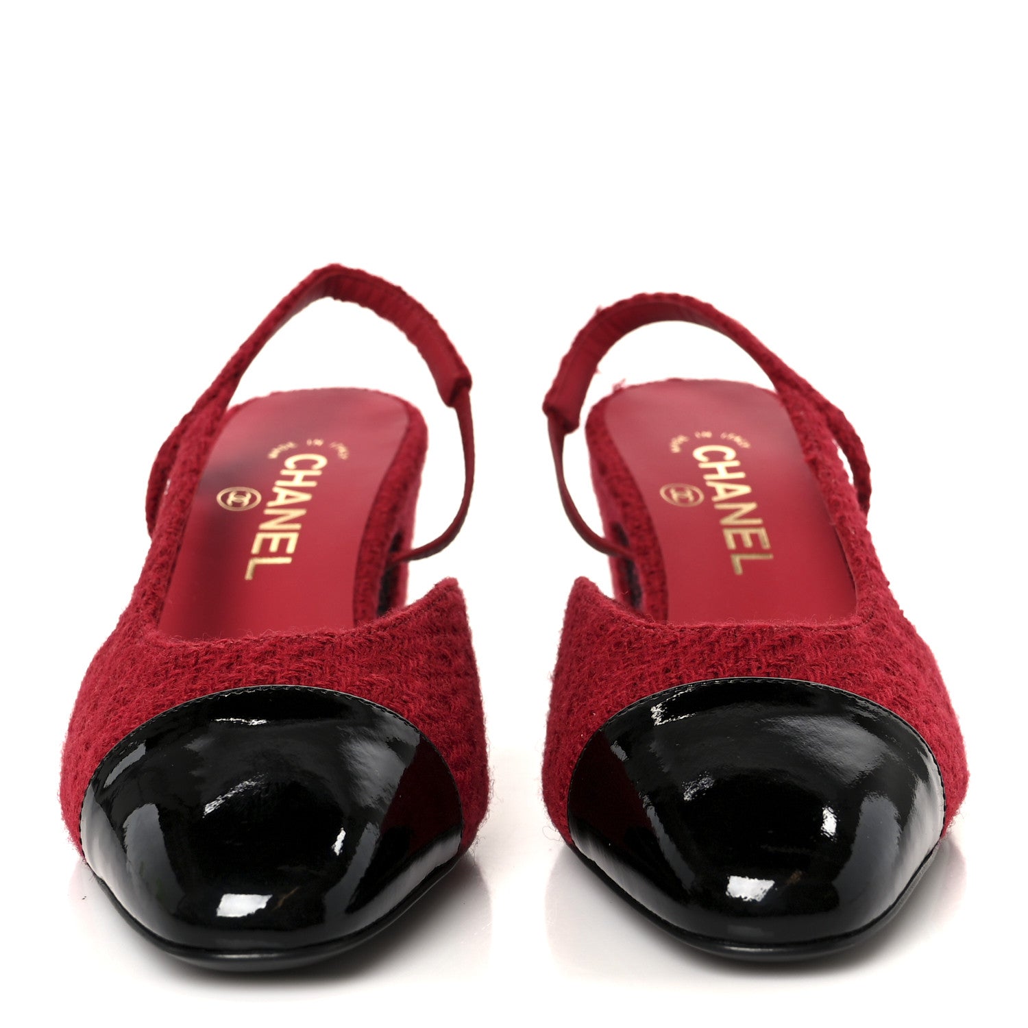 Chanel Tweed Patent Cap Toe CC Slingback Pumps 38.5 Red Black 3 of 10