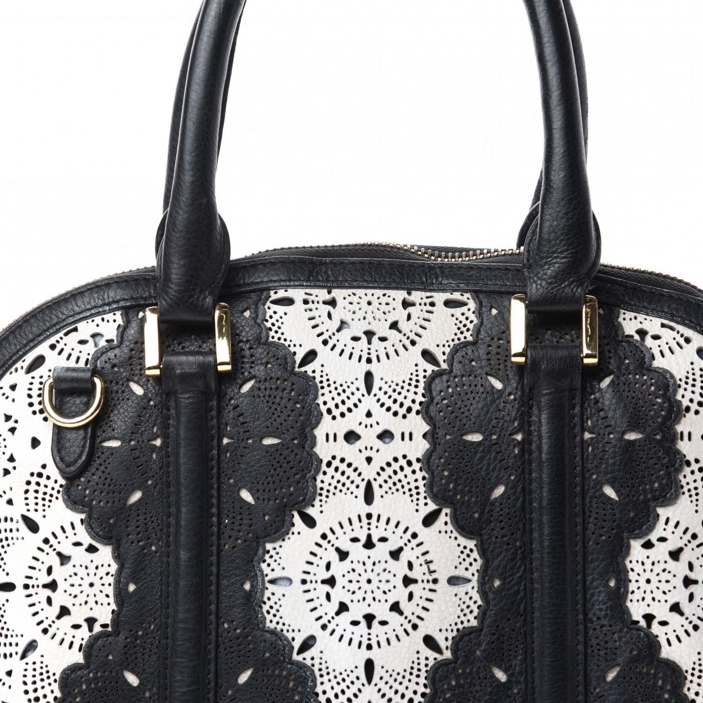 Calfskin Laser Cut Lace Small Orchard Bowling Bag Black White