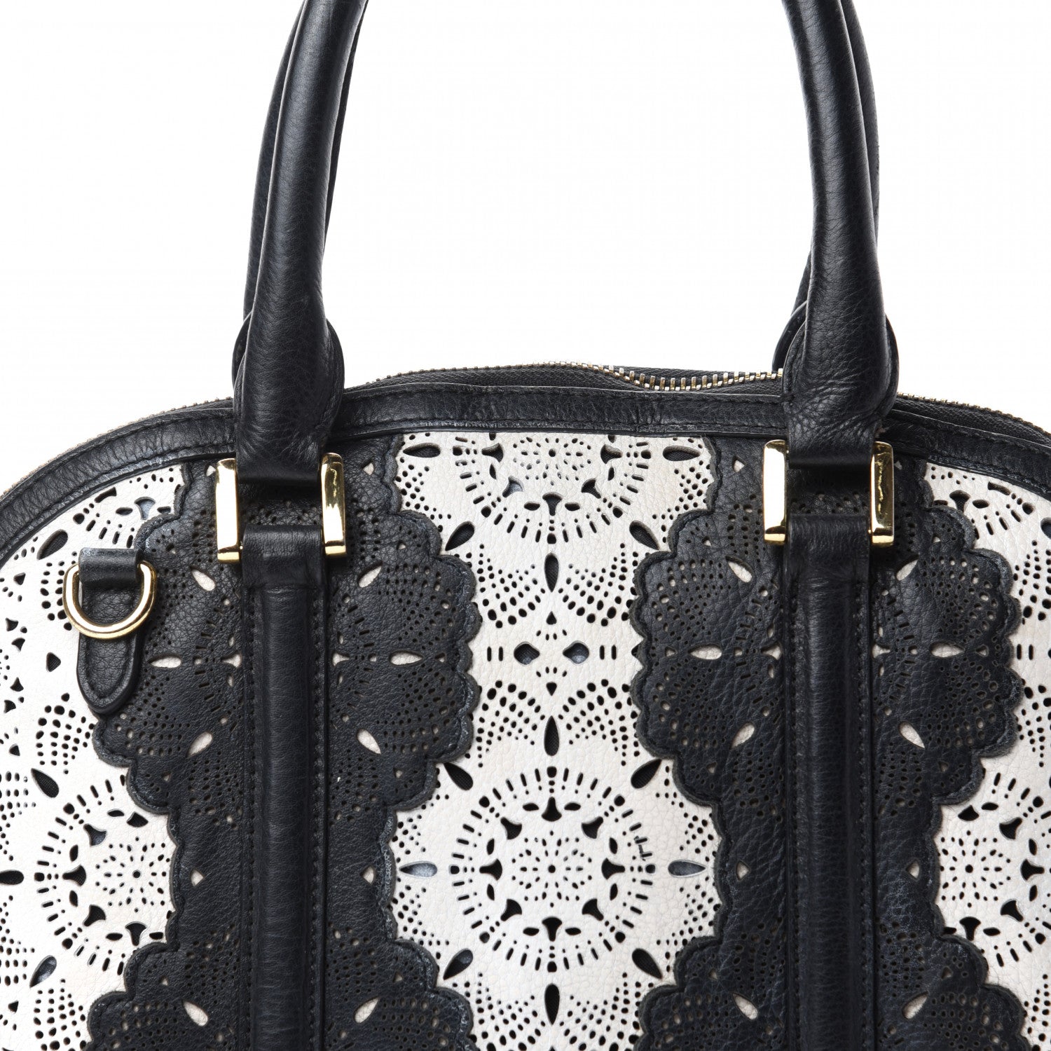 Burberry Calfskin Laser Cut Lace Small Orchard Bowling Bag Black White 11 of 11
