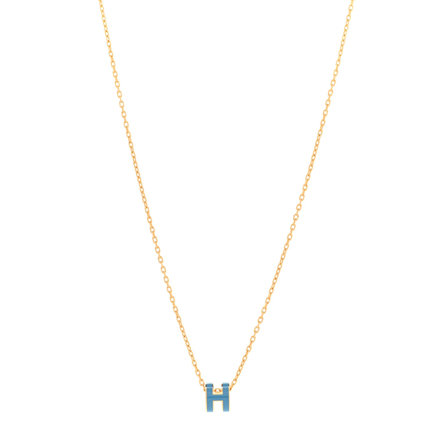 Hermes Lacquered Gold Mini Pop H Pendant Necklace Bleu Jean 1 of 8