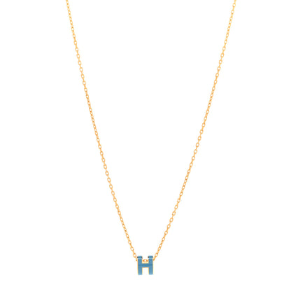 Hermes Lacquered Gold Mini Pop H Pendant Necklace Bleu Jean 1 of 8