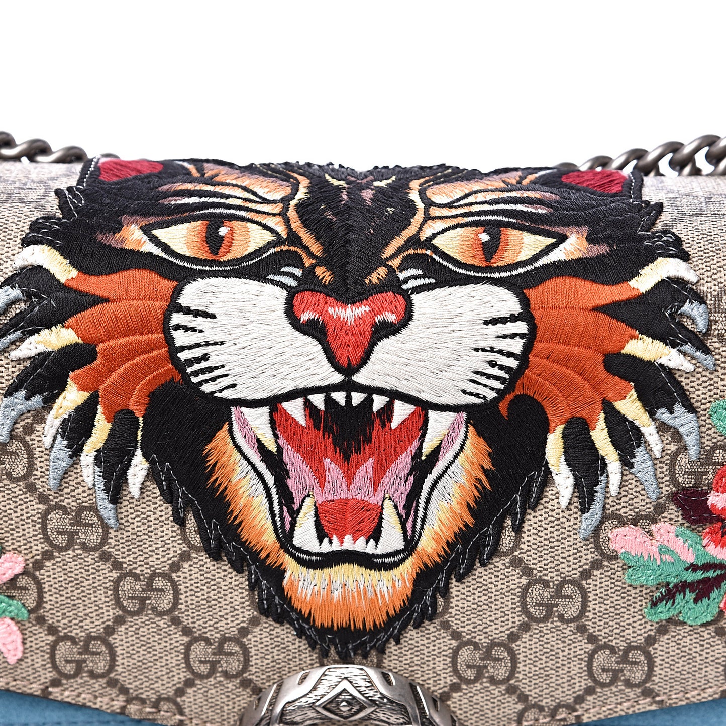 GG Supreme Monogram Angry Cat Embroidered Medium Dionysus Shoulder Bag Beige Ultramarine