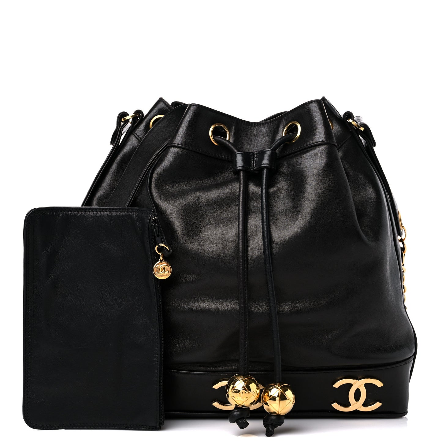 Lambskin CC Drawstring Shoulder Bag Black