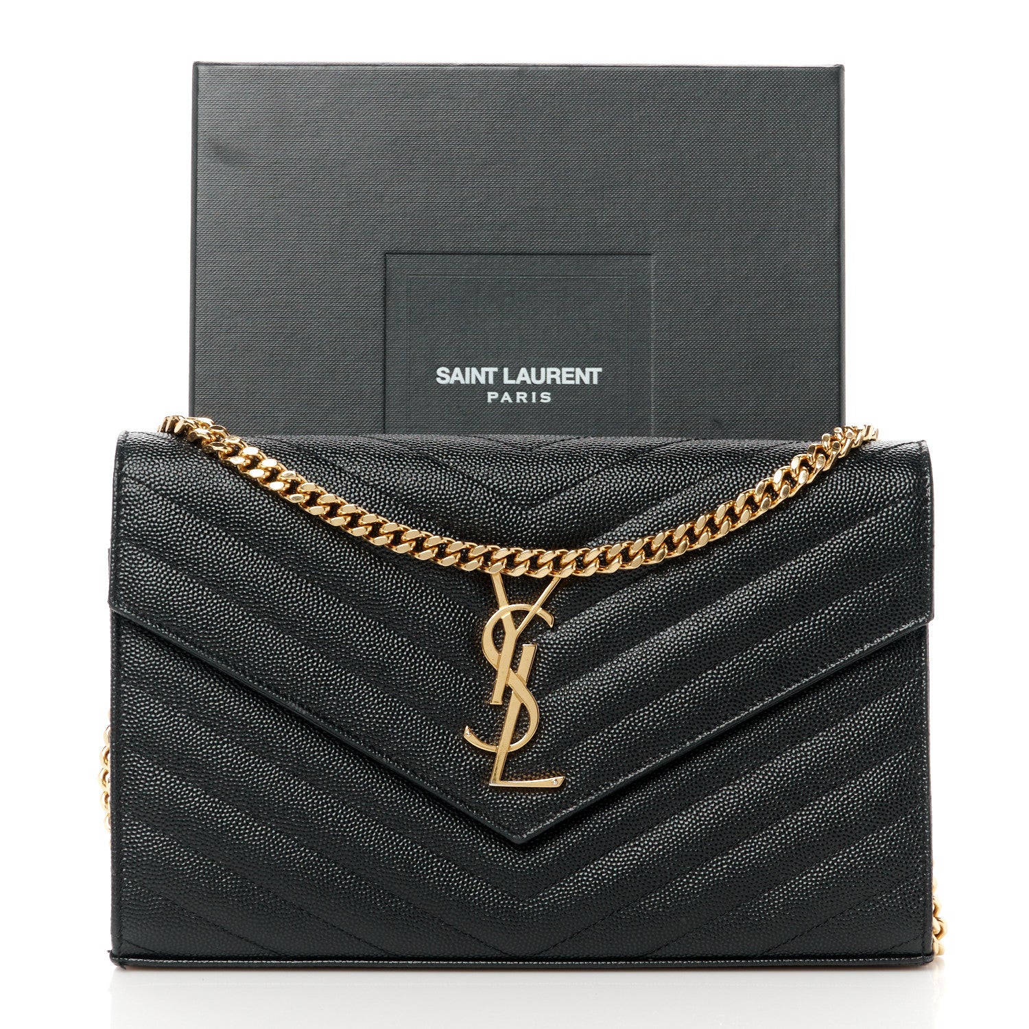 Saint Laurent Grain De Poudre Matelasse Chevron Monogram Chain Wallet Black 12 of 12