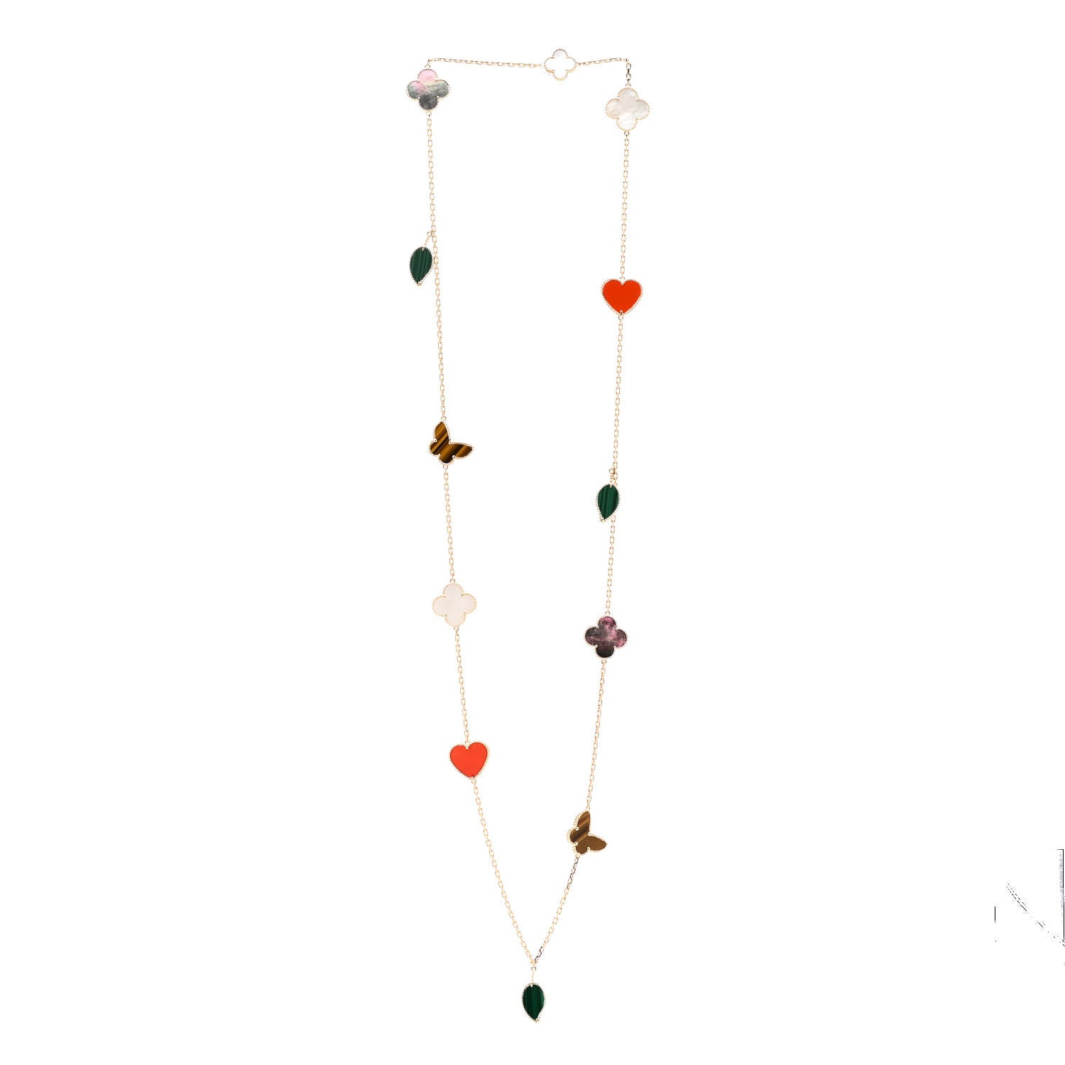 Van Cleef & Arpels 18K Yellow Gold Mother of Pearl Malachite Carnelian Tiger Eye 12 Motif Lucky Alhambra Necklace 3 of 4