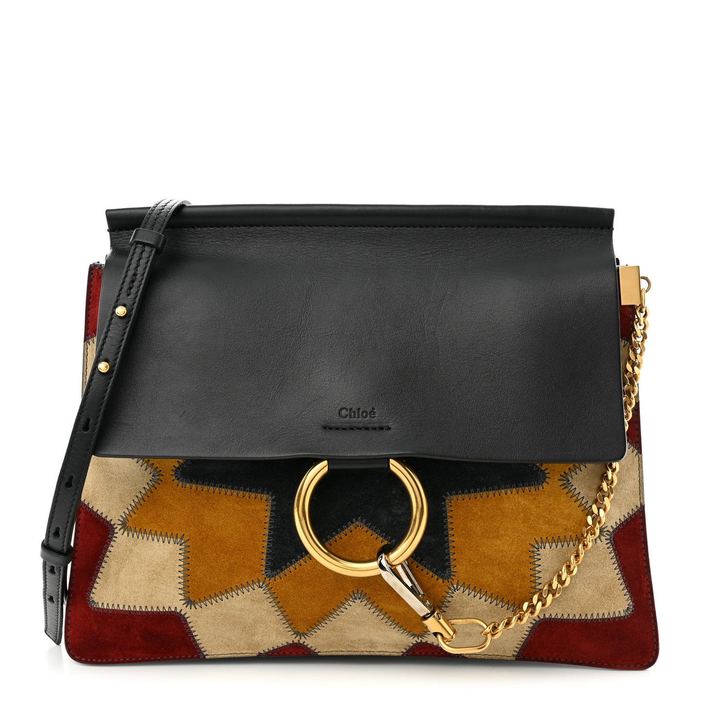 Suede Wonder Woman Patchwork Medium Faye Shoulder Bag Black