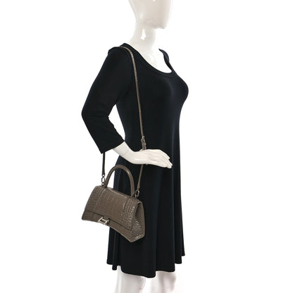 Balenciaga Shiny Calfskin Crocodile Embossed Small Hourglass Top Handle Bag Mink Grey 2 of 11