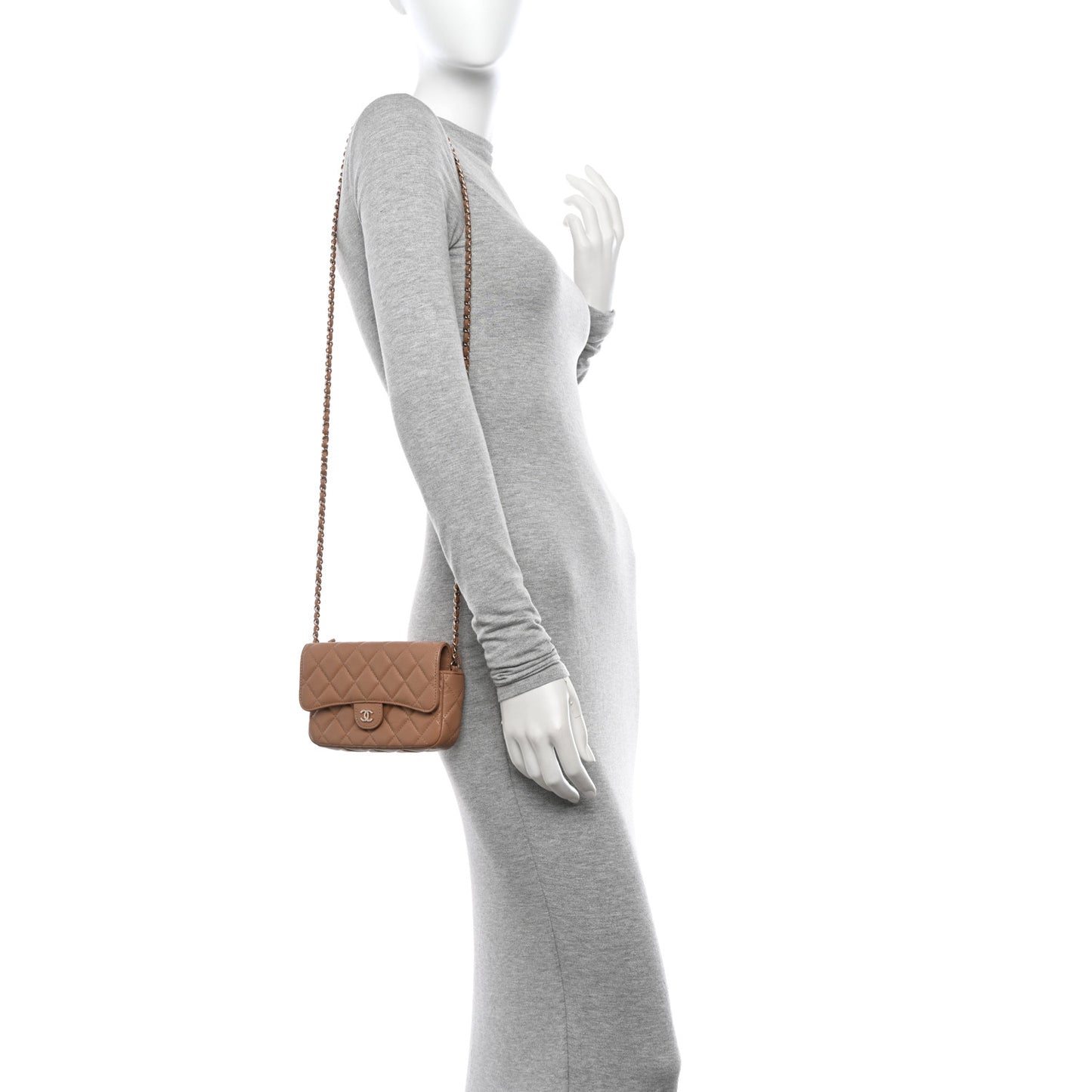 Caviar Quilted Flap Phone Holder With Chain Beige