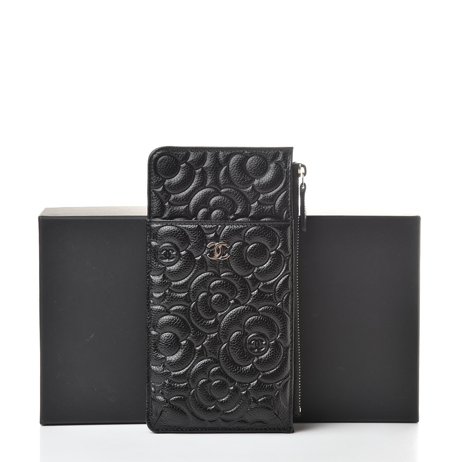 Chanel Caviar Camellia Embossed Classic Flat Wallet Pouch Black 8 of 8