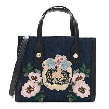 Gucci Denim Embroidered Tiger Tote Blue Multicolor 1 of 12