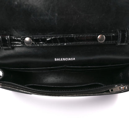 Balenciaga Shiny Calfskin Monochrome Crocodile Embossed Hourglass Chain Bag Black 5 of 13