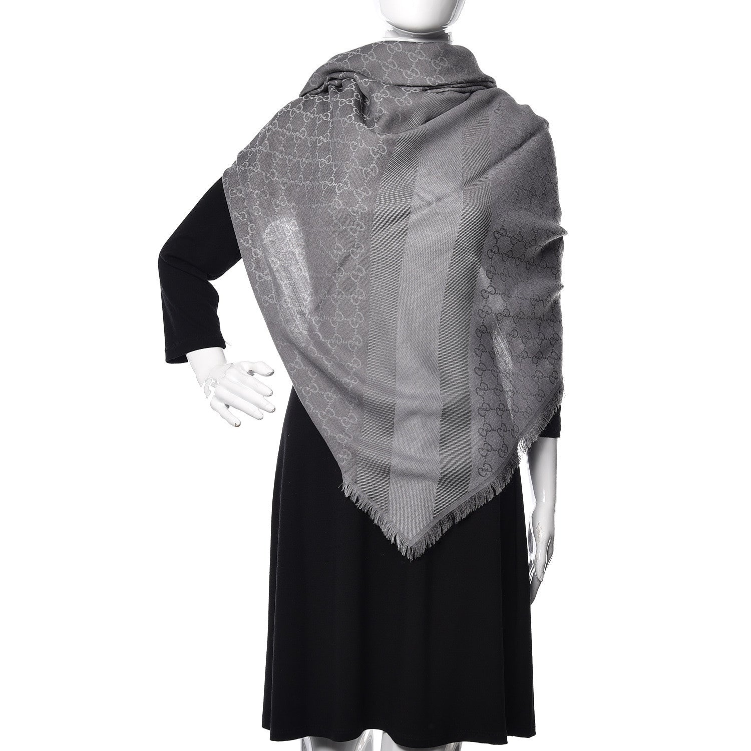 Gucci Wool Silk Monogram GGWeb Fringe Shawl Pearl Medium Grey 2 of 4