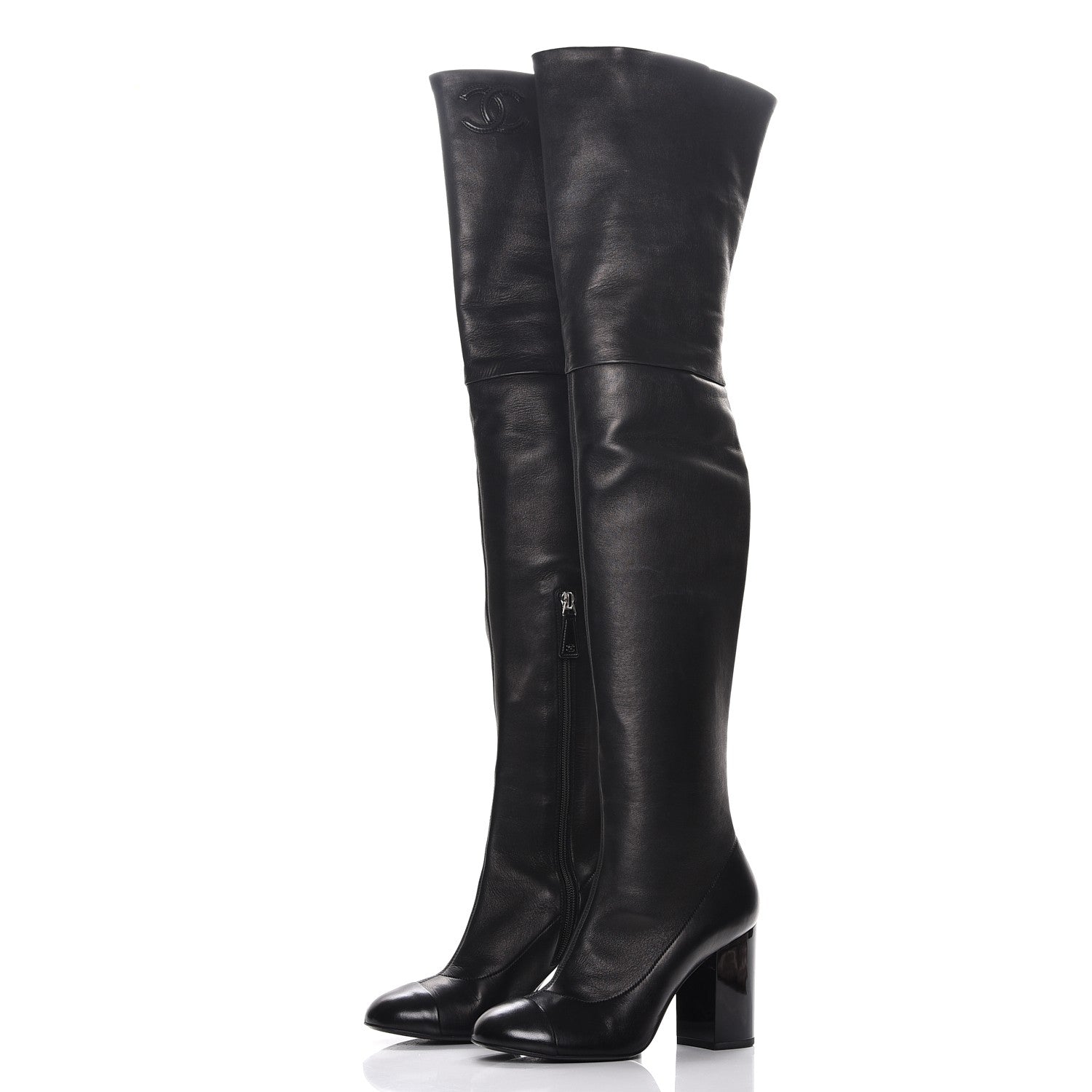 Chanel Lambskin Cap Toe High Boots 38.5 Black 3 of 9
