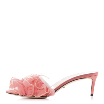 Gucci Tulle Ruffle Low Heel Slide Sandals 37.5 Peach White 1 of 10