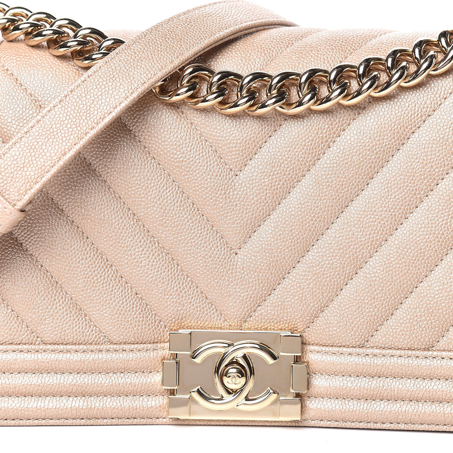 Metallic Caviar Chevron Quilted Medium Boy Flap Light Beige