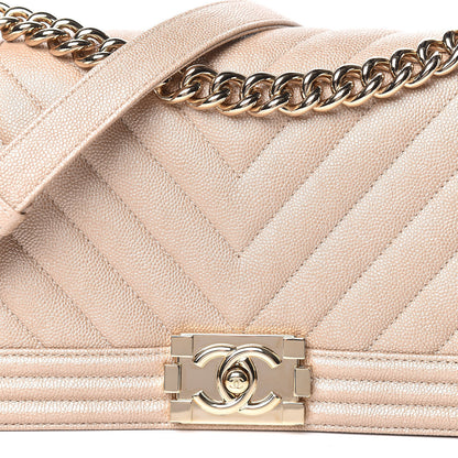 Chanel Metallic Caviar Chevron Quilted Medium Boy Flap Light Beige 10 of 11