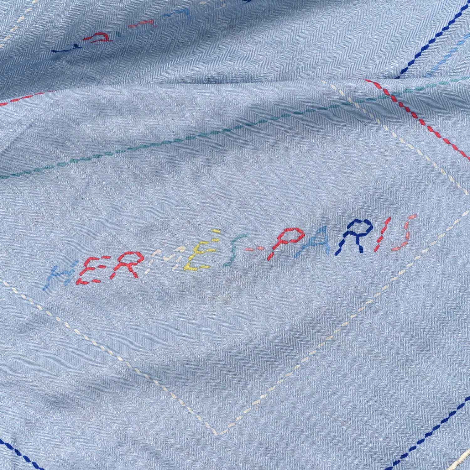 Hermes Cashmere Silk Embroidered Giant Pique Sellier Scarf 140 Bleu Ciel Rose Jaune 2 of 5