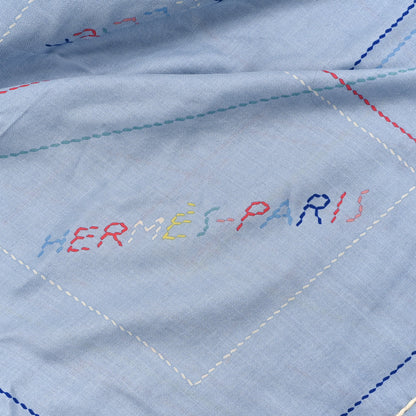 Hermes Cashmere Silk Embroidered Giant Pique Sellier Scarf 140 Bleu Ciel Rose Jaune 2 of 5