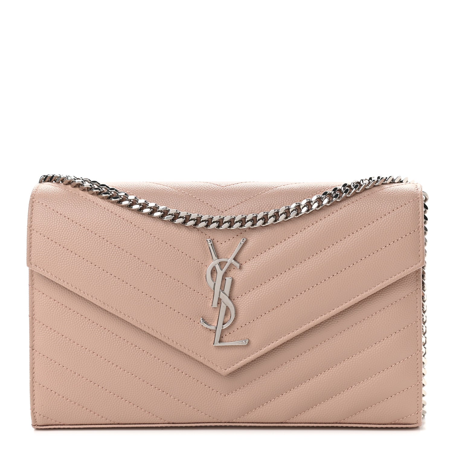 Saint Laurent Grain De Poudre Matelasse Chevron Monogram Chain Wallet Pale Pink 1 of 8