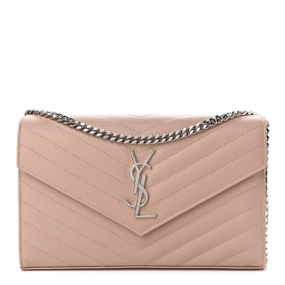 Saint Laurent Grain De Poudre Matelasse Chevron Monogram Chain Wallet Pale Pink 1 of 8