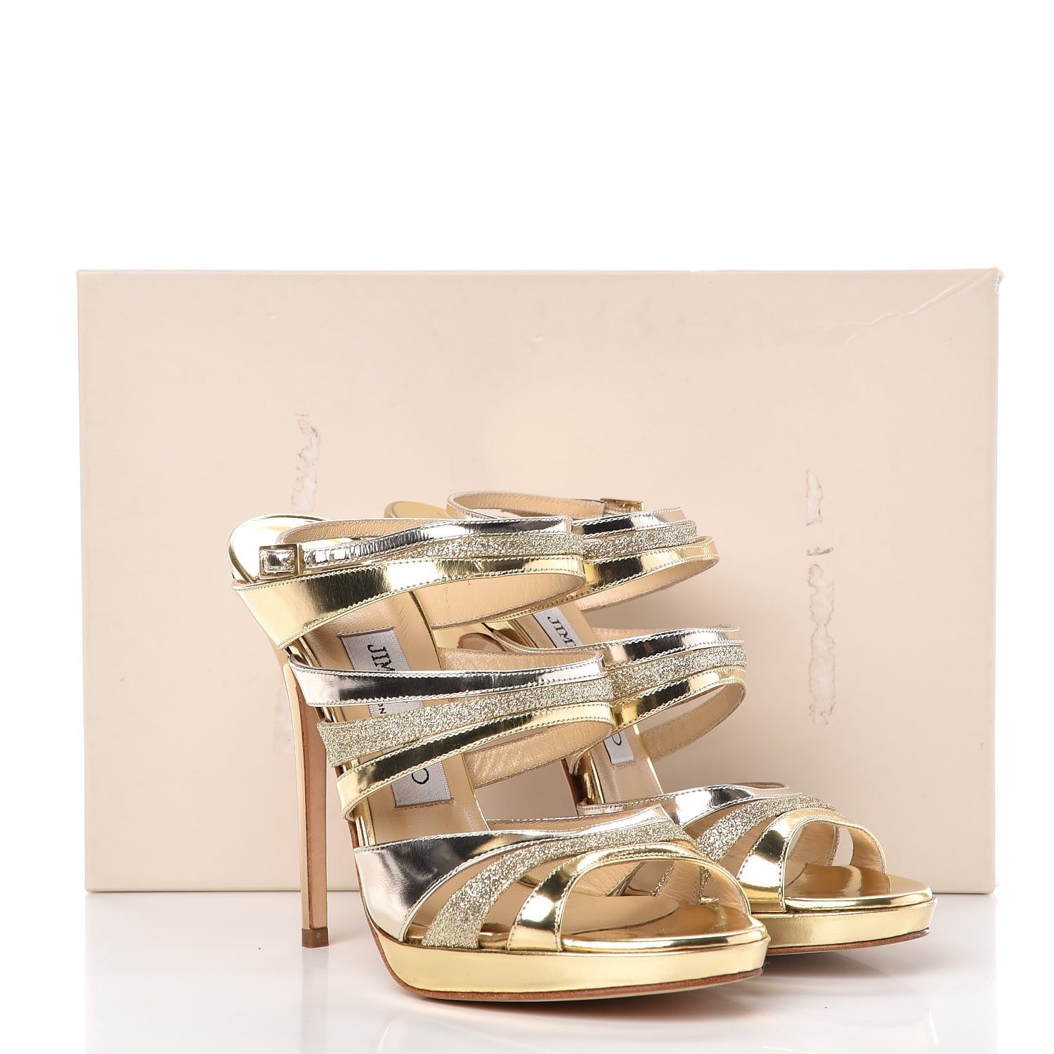 Jimmy Choo Metallic Mirror Calfskin Glitter Buzz 120 Sandals 36.5 Gold 11 of 11