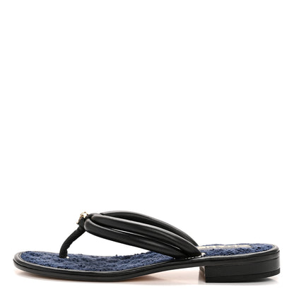 Chanel Lambskin Terry Cloth CC Thong Sandals 38 Black Dark Navy 1 of 8
