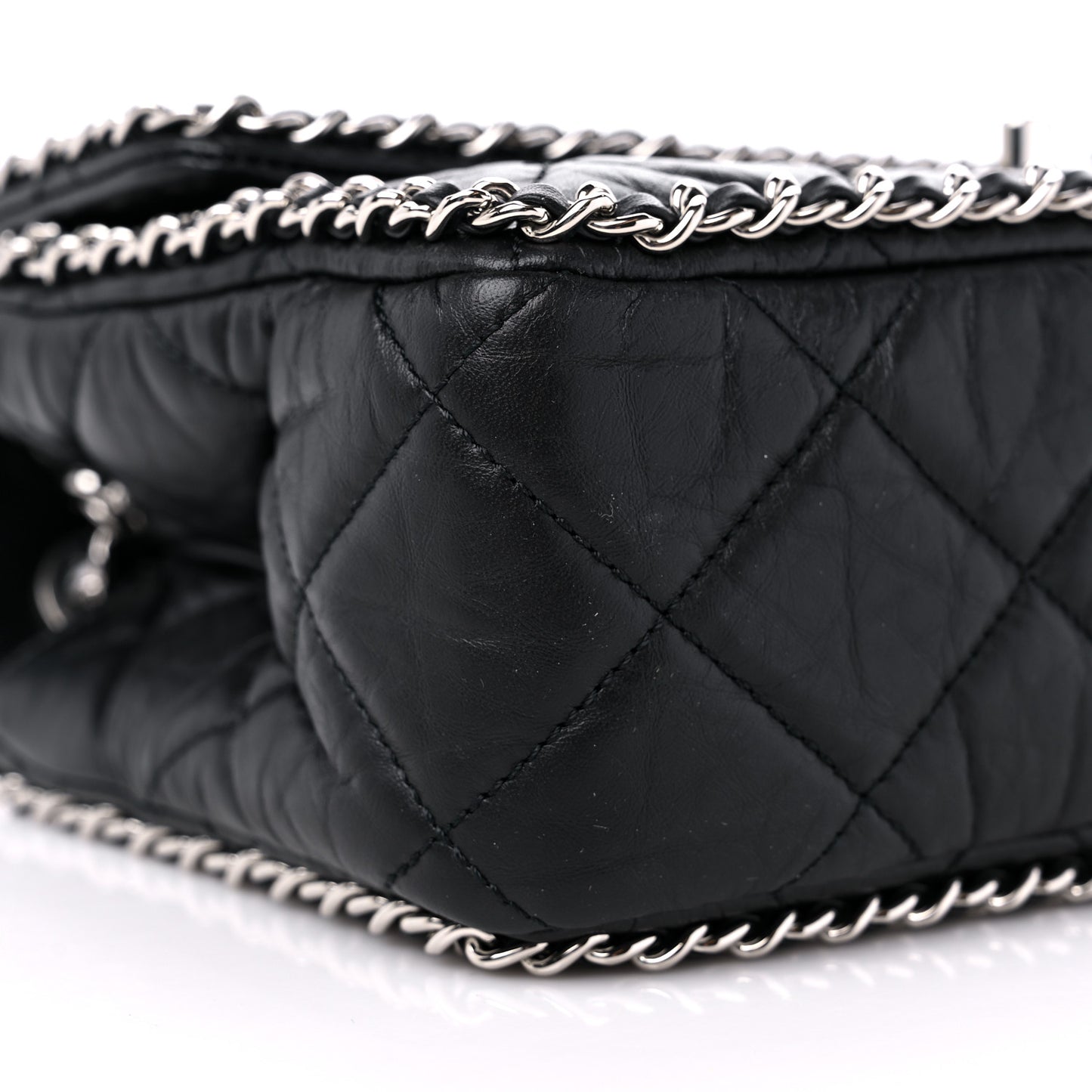 Crumpled Calfskin Medium Chain All Over Flap Black