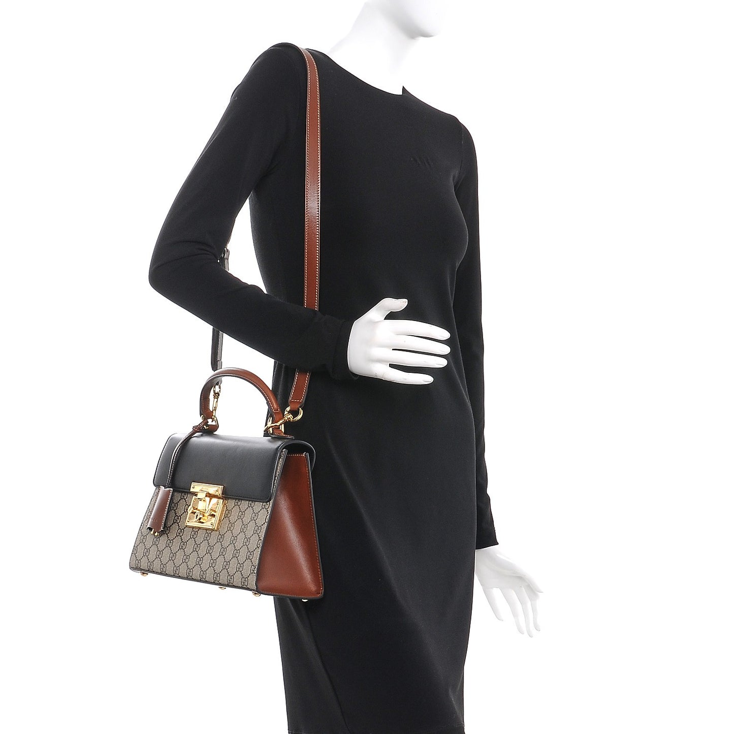 GG Supreme Monogram Calfskin Small Padlock Top Handle Bag Beige Black Cuir