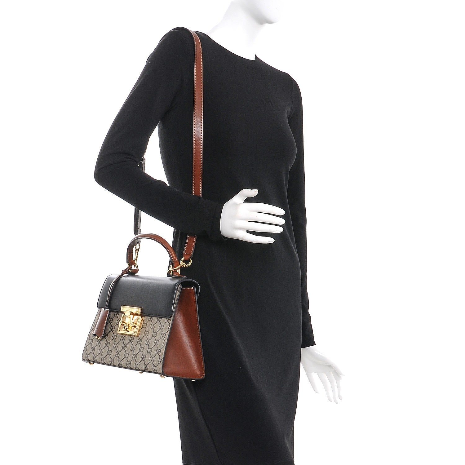 Gucci GG Supreme Monogram Calfskin Small Padlock Top Handle Bag Beige Black Cuir 2 of 9