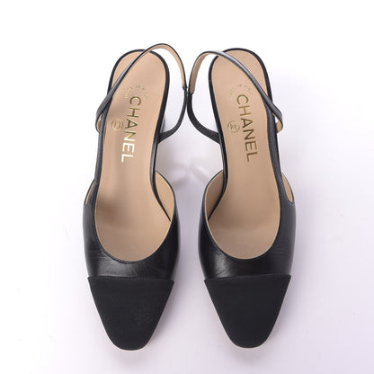 Chanel Goatskin Grosgrain Cap Toe CC Slingback Sandals 36 Black 6 of 11