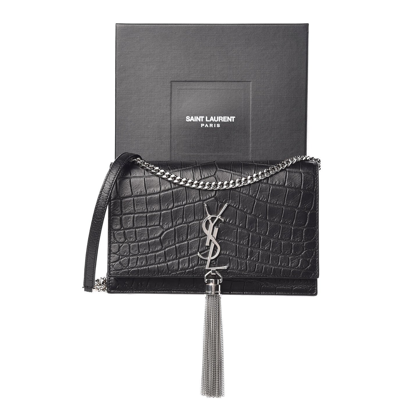 Calfskin Crocodile Embossed Kate Monogram Tassel Chain Wallet Black