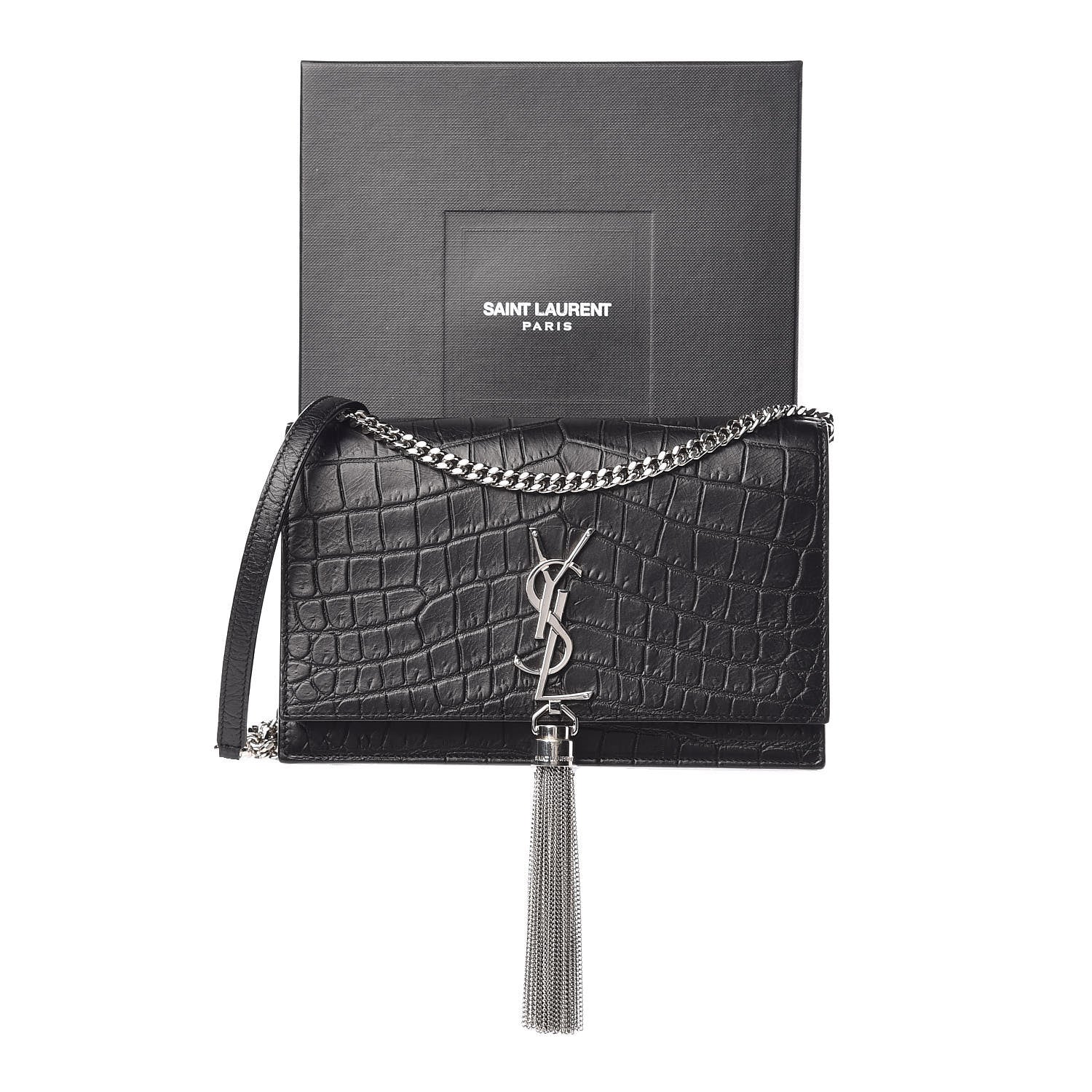 Saint Laurent Calfskin Crocodile Embossed Kate Monogram Tassel Chain Wallet Black 10 of 10