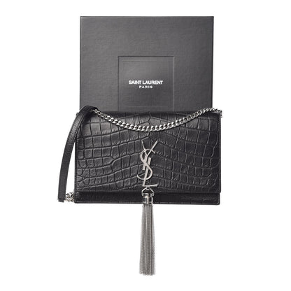 Saint Laurent Calfskin Crocodile Embossed Kate Monogram Tassel Chain Wallet Black 10 of 10