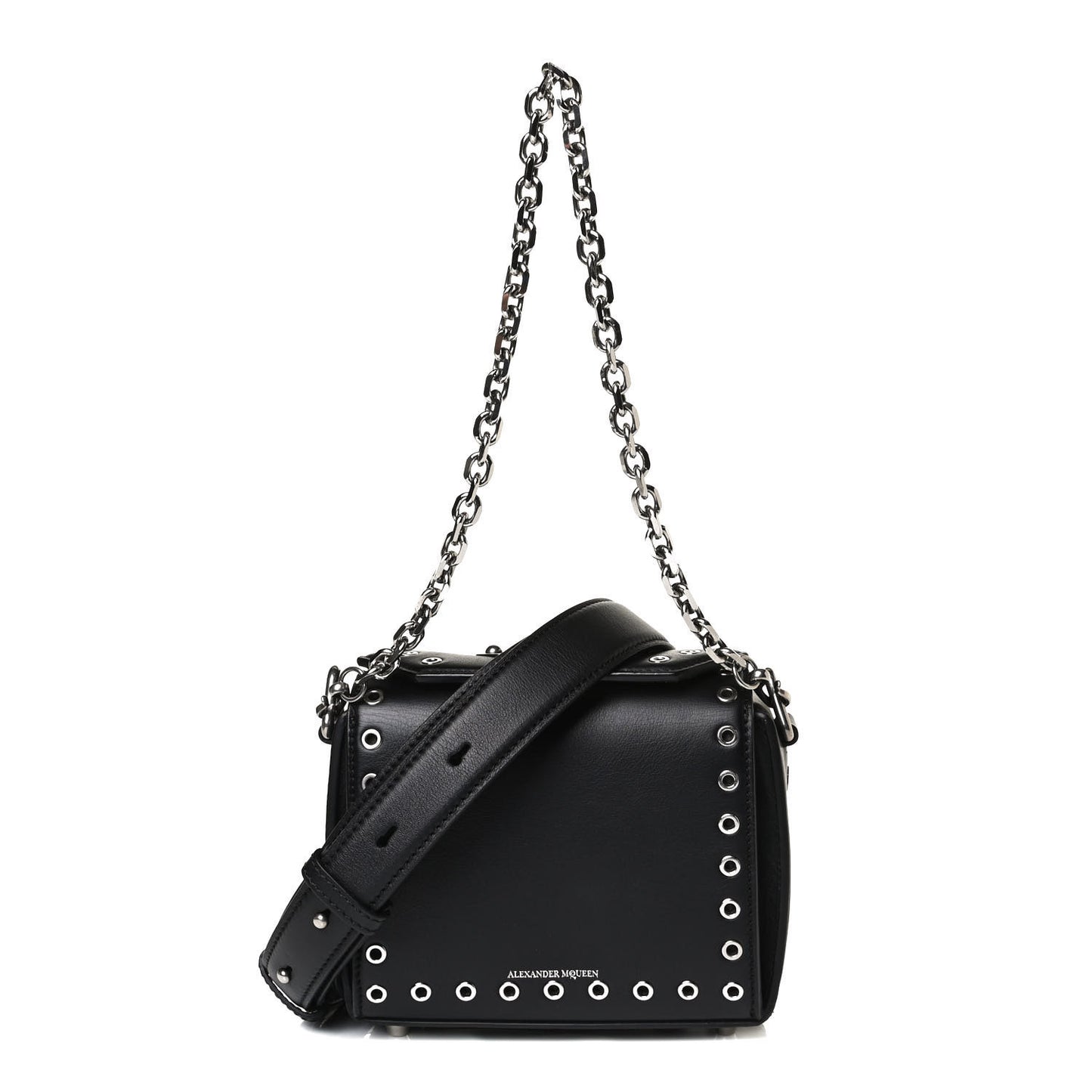 Fine Grain Goatskin Perforated Box Shoulder Bag 16 Black