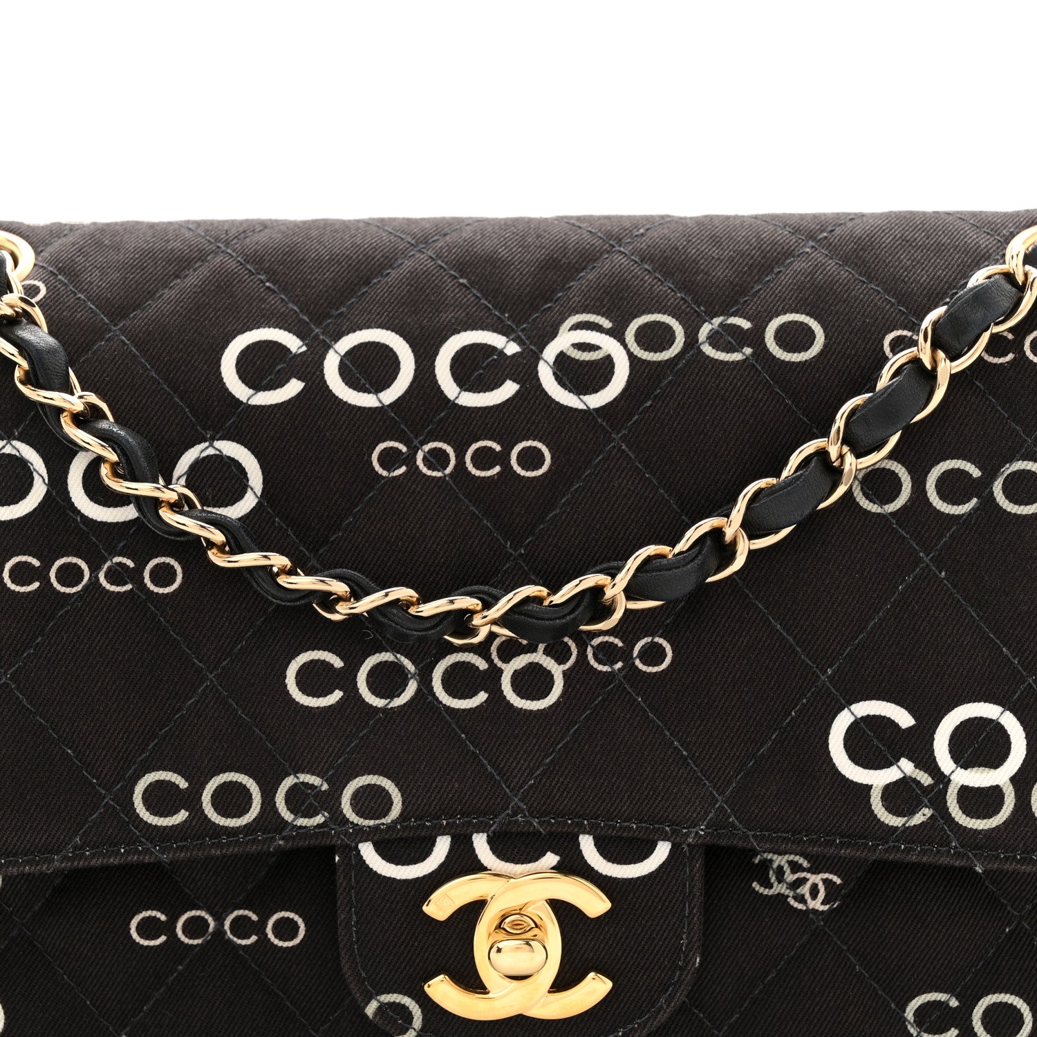 Chanel Canvas Coco Printed Quilted Medium Double Flap Black White 8 of 13