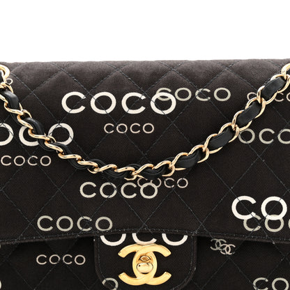 Chanel Canvas Coco Printed Quilted Medium Double Flap Black White 8 of 13