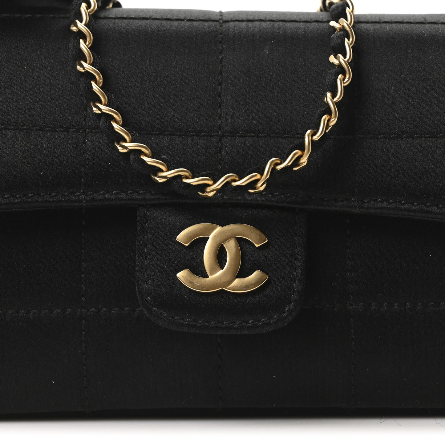 Satin Chocolate Bar Quilted Camellia Rectangular Mini Flap Black