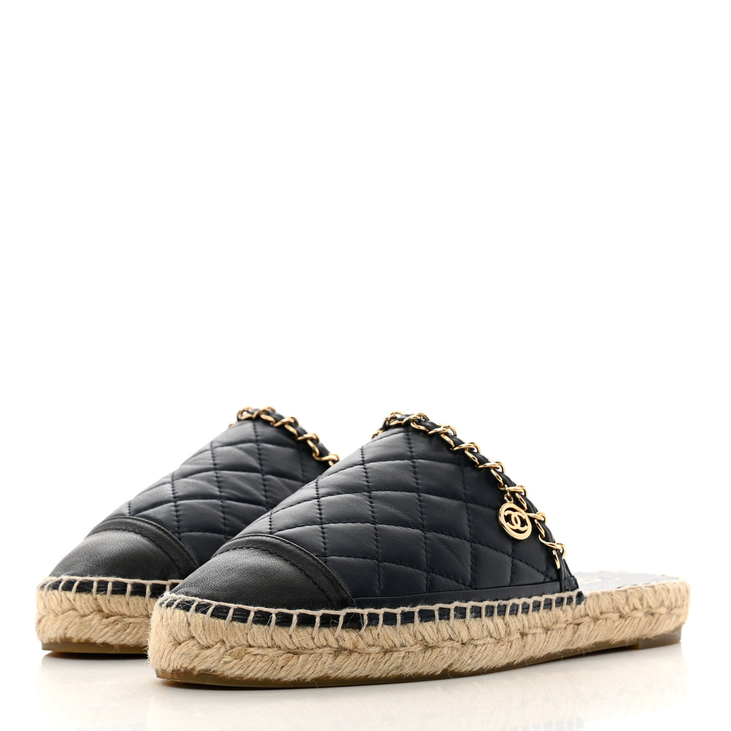 Lambskin Quilted CC Chain Espadrille Mules 36 Black Navy