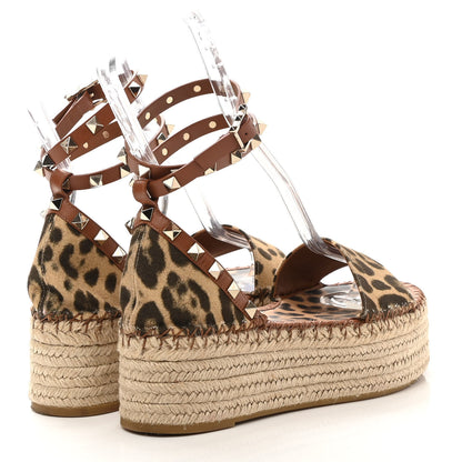 Valentino Garavani Canvas Leopard Print Rockstud Ankle Wrap Espadrille Flatform Sandals 37 Brown 4 of 11