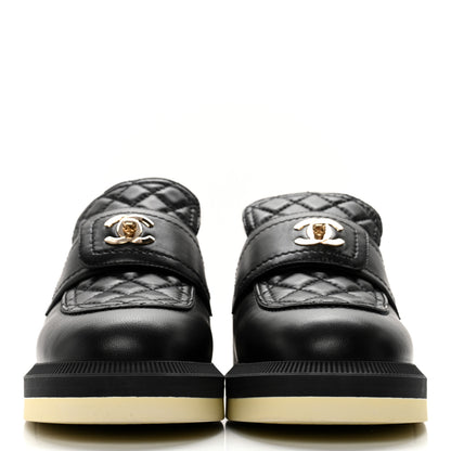 Chanel Lambskin Shearling Quilted CC Turnlock Loafers 38 Black 2 of 10