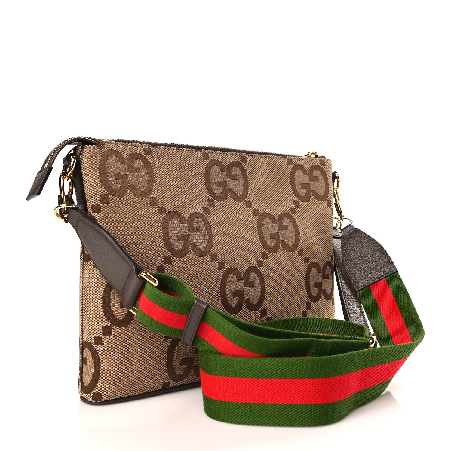 Gucci Monogram Jumbo GG Textured Dollar Calfskin Web Wristlet Messenger Bag Camel Ebony New Acero 3 of 9