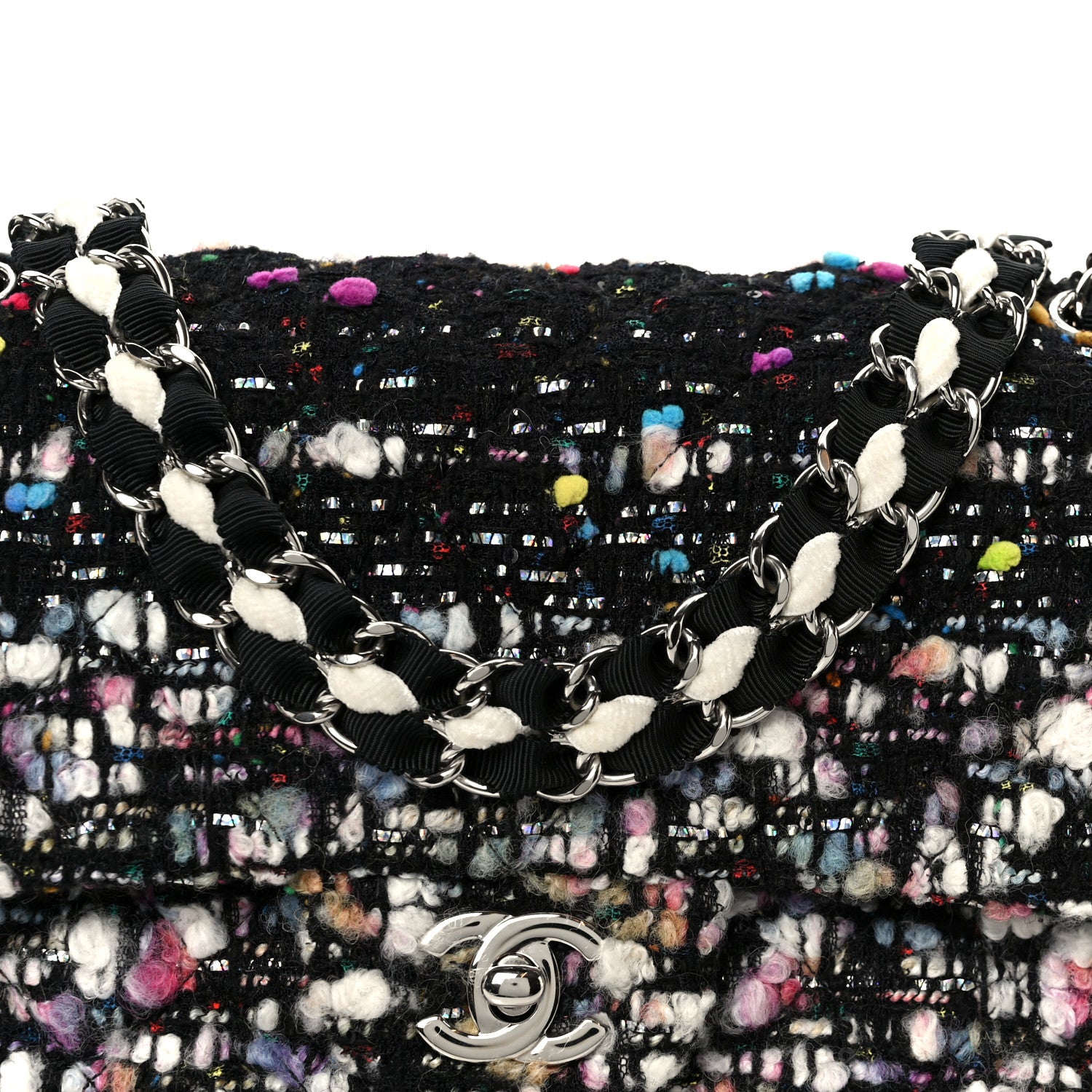 Chanel Tweed Quilted Medium Double Flap Black White Yellow Pink 9 of 11
