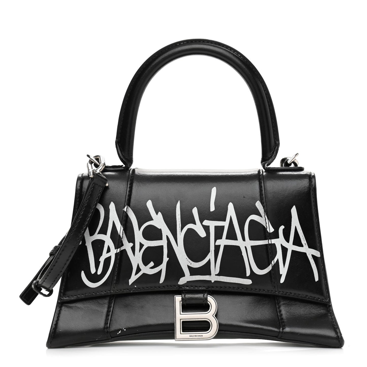 Shiny Box Calfskin Graffiti Logo Small Hourglass Top Handle Bag Black Silver