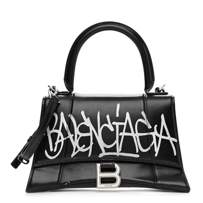 Balenciaga Shiny Box Calfskin Graffiti Logo Small Hourglass Top Handle Bag Black Silver 1 of 18