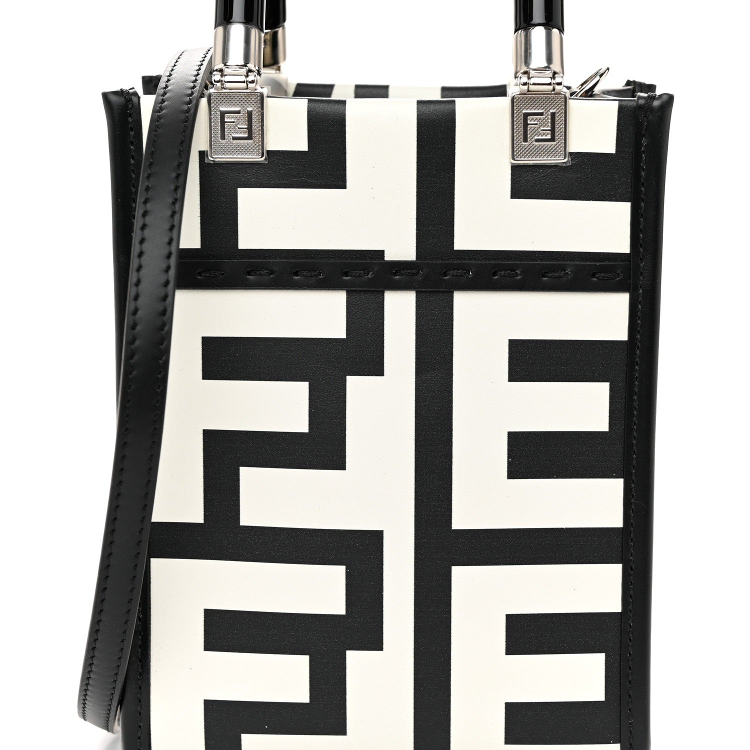 Fendi X MARC JACOBS Vitello King Plexiglass Logo Print Mini Fendi Sunshine Shopper Tote Black White 7 of 9