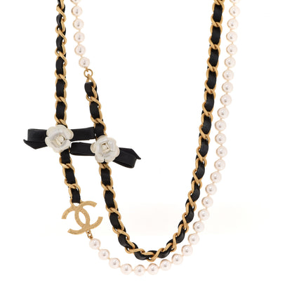 Chanel Pearl Lambskin CC Camellia Multi Strand Necklace Necklace Black Gold 1 of 7