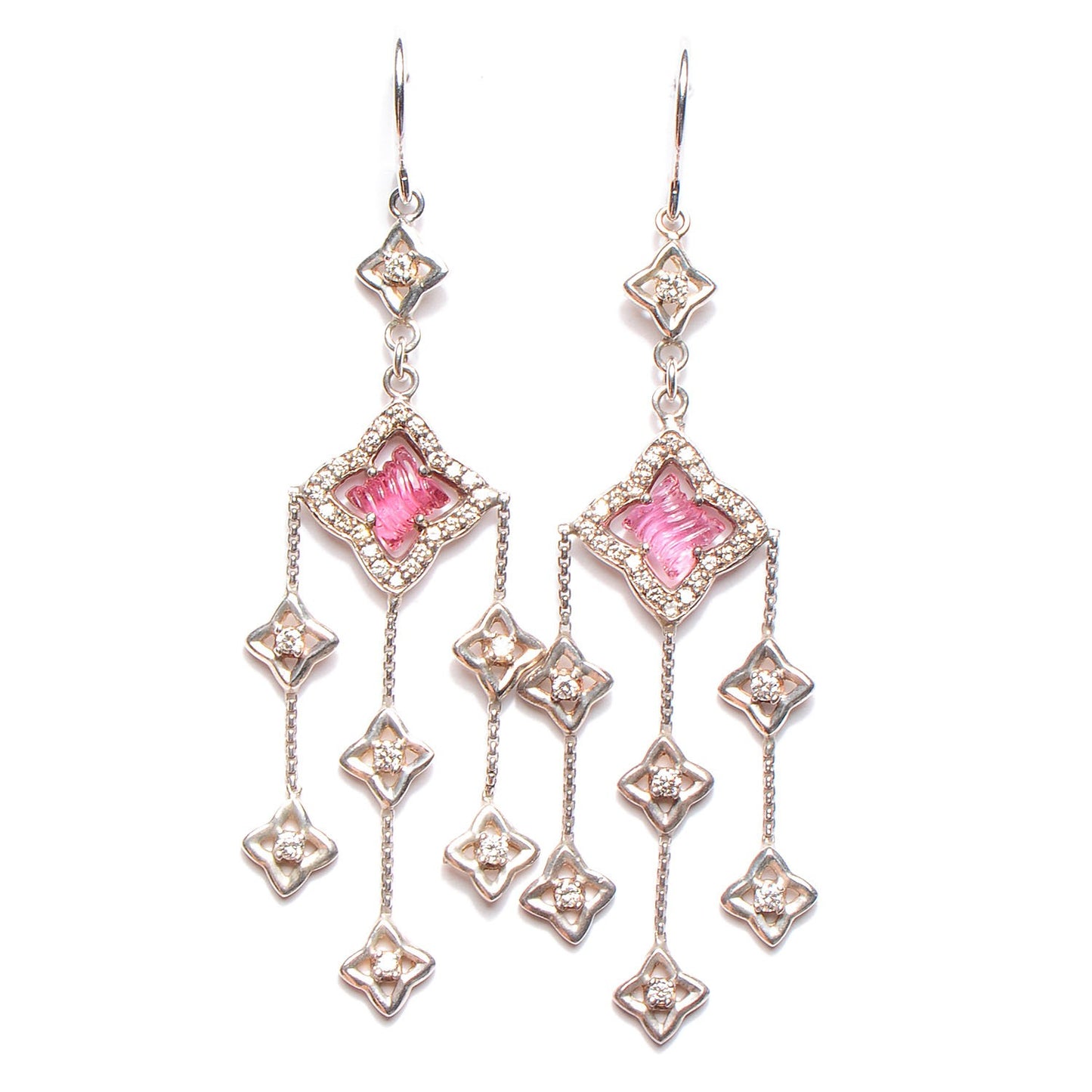 Sterling Silver Diamond Pink Tourmaline Quatrefoil Chandelier Earrings