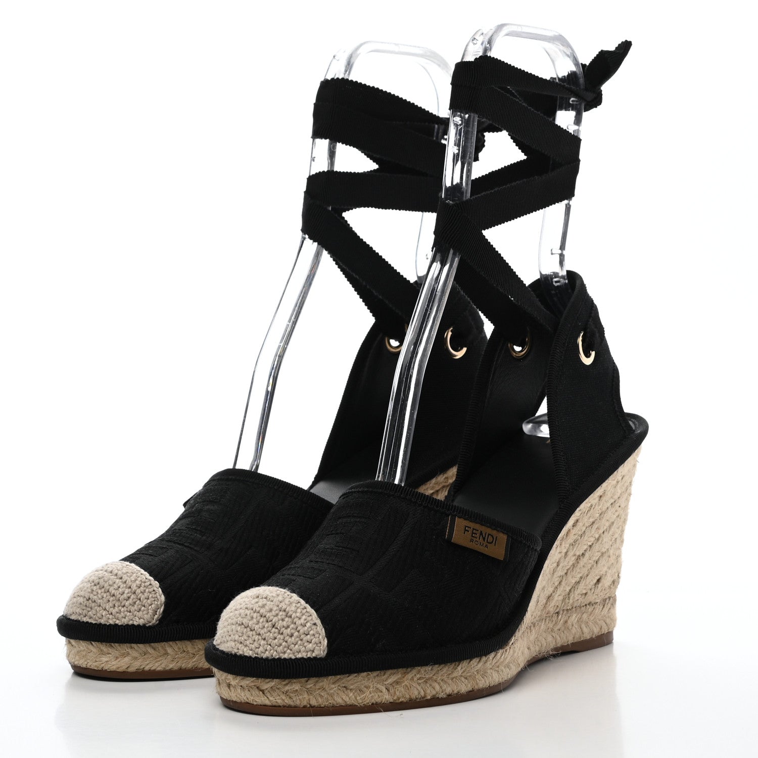 Fendi Canvas FF Embroidered Roma Ankle Wrap Espadrille Wedges 38 Black 3 of 8