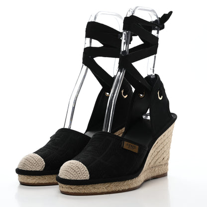 Fendi Canvas FF Embroidered Roma Ankle Wrap Espadrille Wedges 38 Black 3 of 8