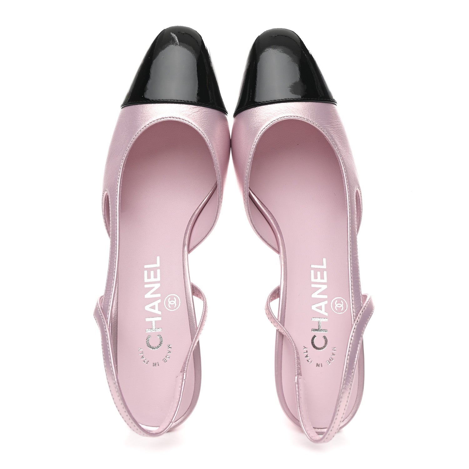 Chanel Laminated Lambskin Patent Cap Toe CC Slingback Pumps 37 Light Pink Black 2 of 10